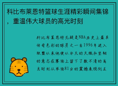 科比布莱恩特篮球生涯精彩瞬间集锦，重温伟大球员的高光时刻